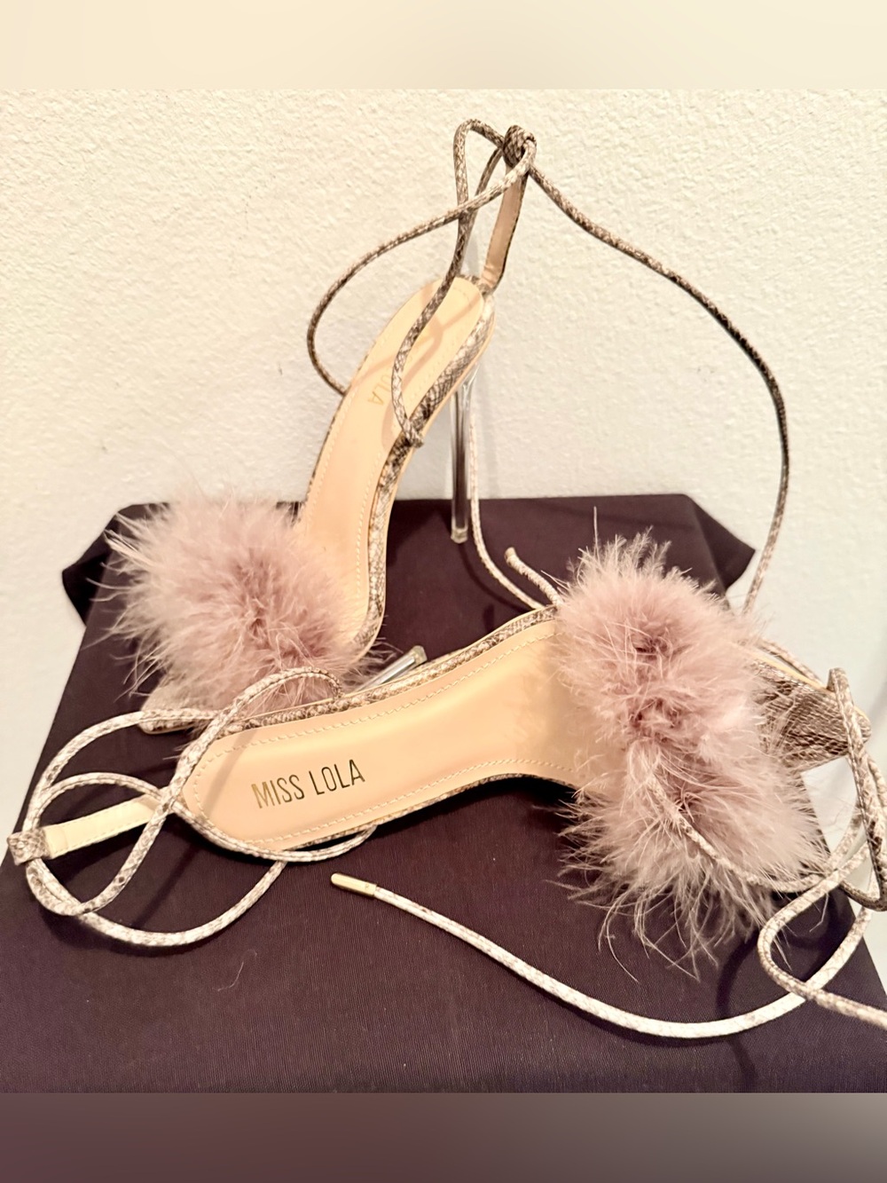 Miss Lola ankle-wrap/lace-up straps heels w/snakeskin pattern upper. Sz. 5.5.